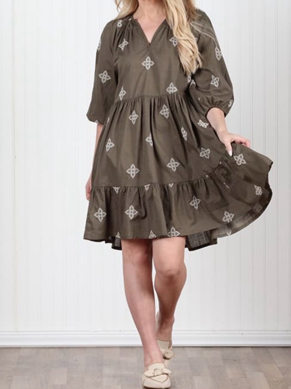 MIRA Cotton Gauze Olive Green Embroidered Tiered Dress  XXL 3/4 puffed sleeves